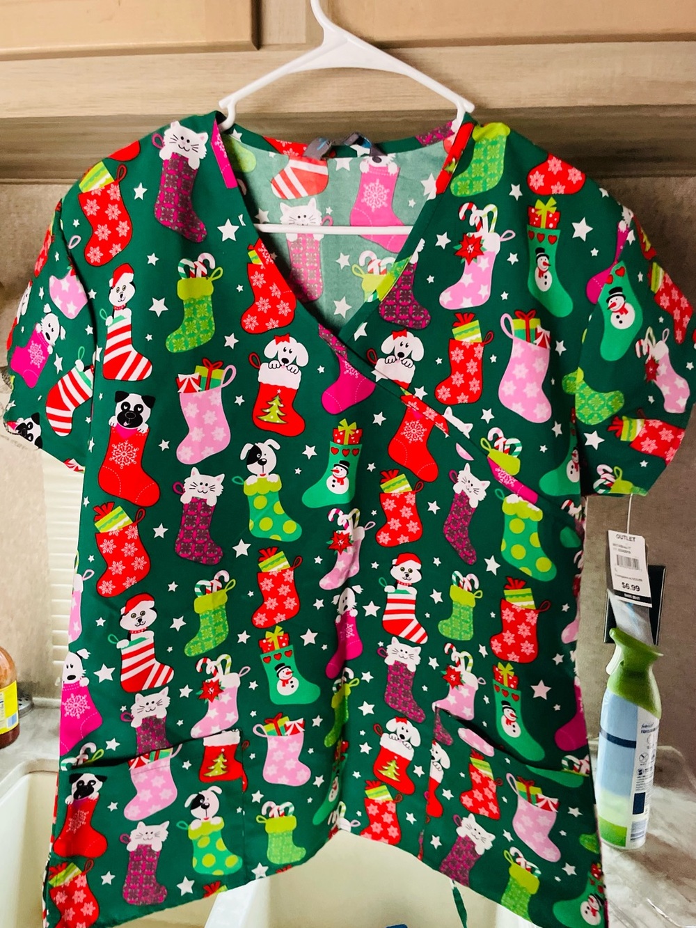 Women’s Green Christmas Stocking Print Scrub Top - Festive Holiday Tee